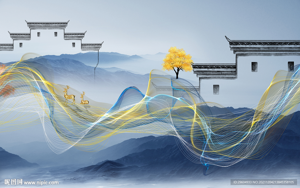 高清徽派山水背景 tif分层