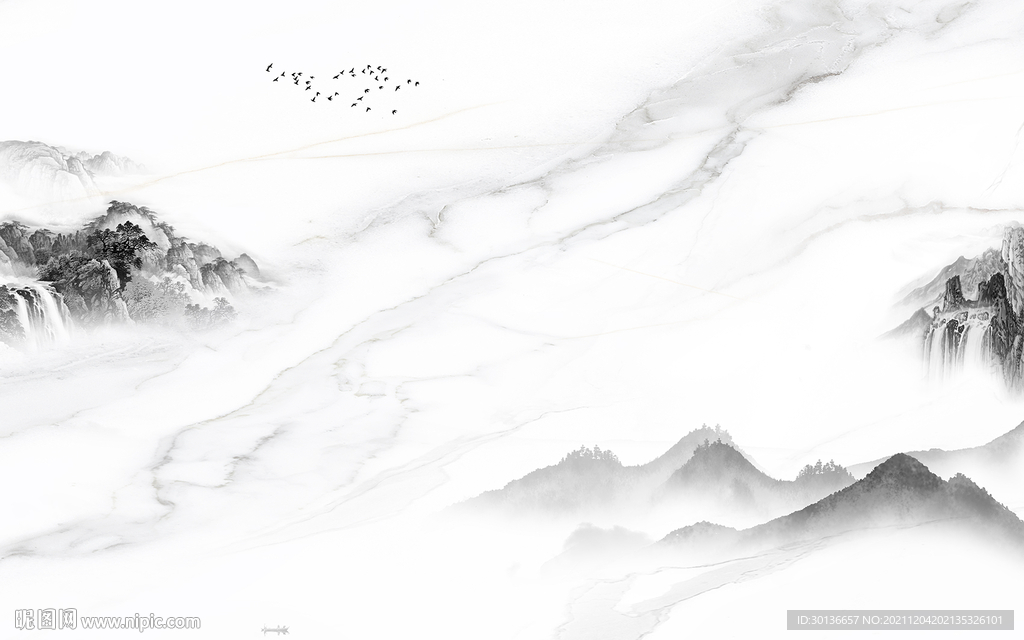 爵士白山水客厅墙画 tif分层
