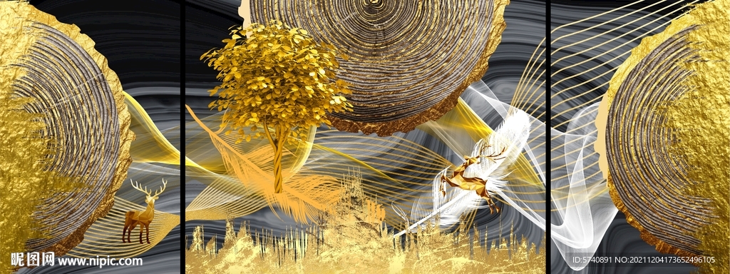 金色麋鹿年轮三联画