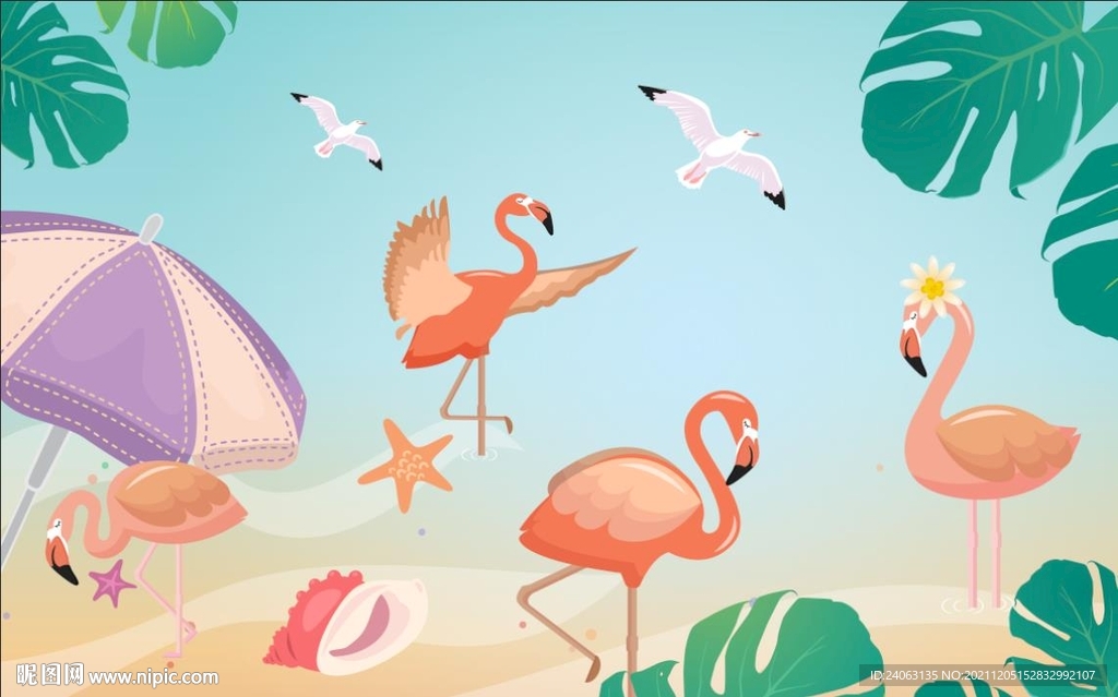 北欧可爱火烈鸟背景墙壁画