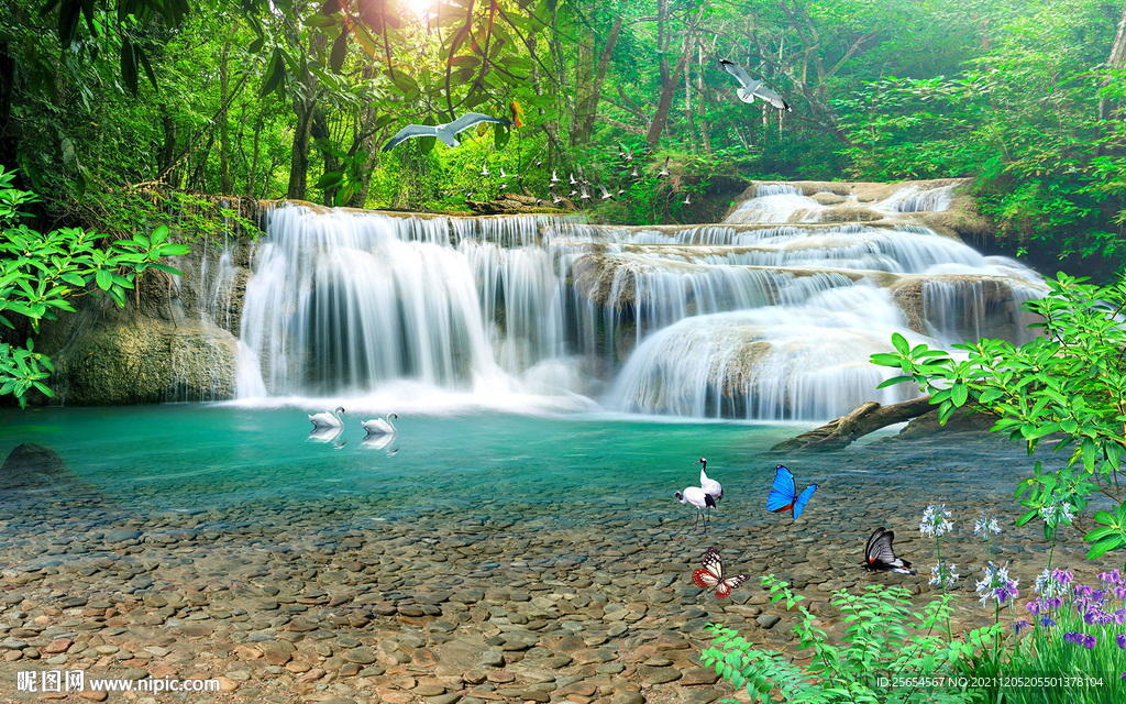 仙境山水瀑布流水生财中式风景画