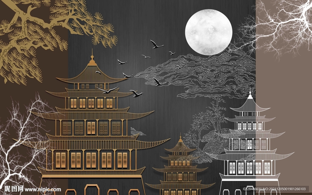 新中式线描古建筑背景墙    