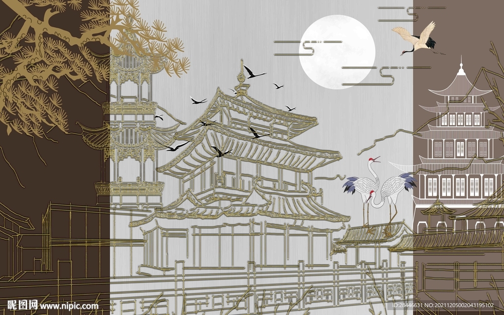 新中式线描古建筑背景墙    