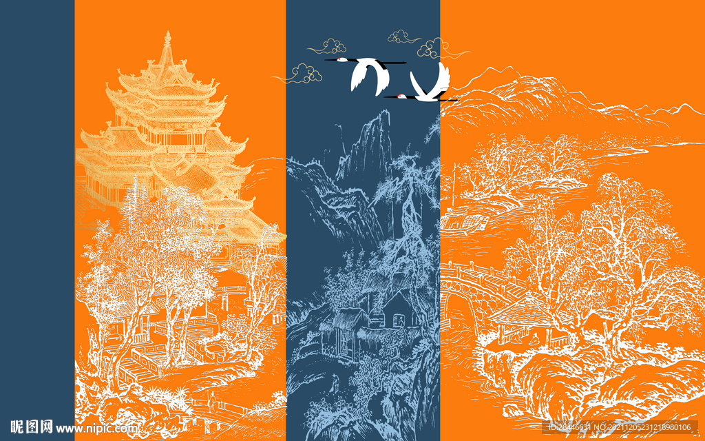 新中式线描古建筑背景墙