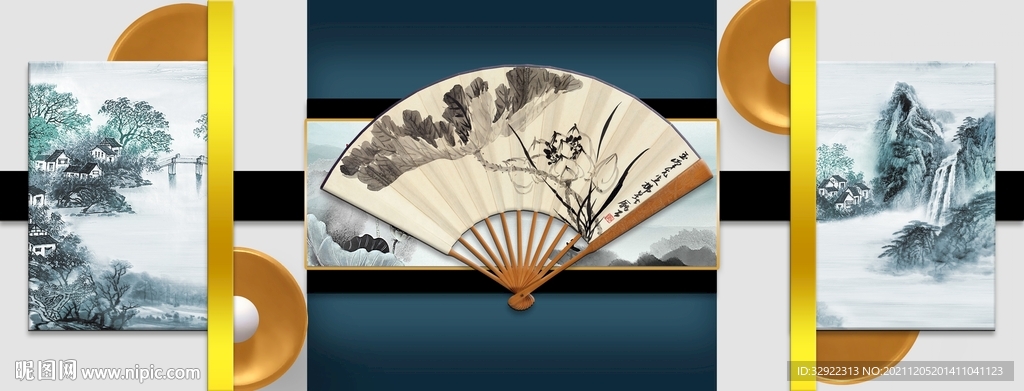 中式扇子山水装饰画