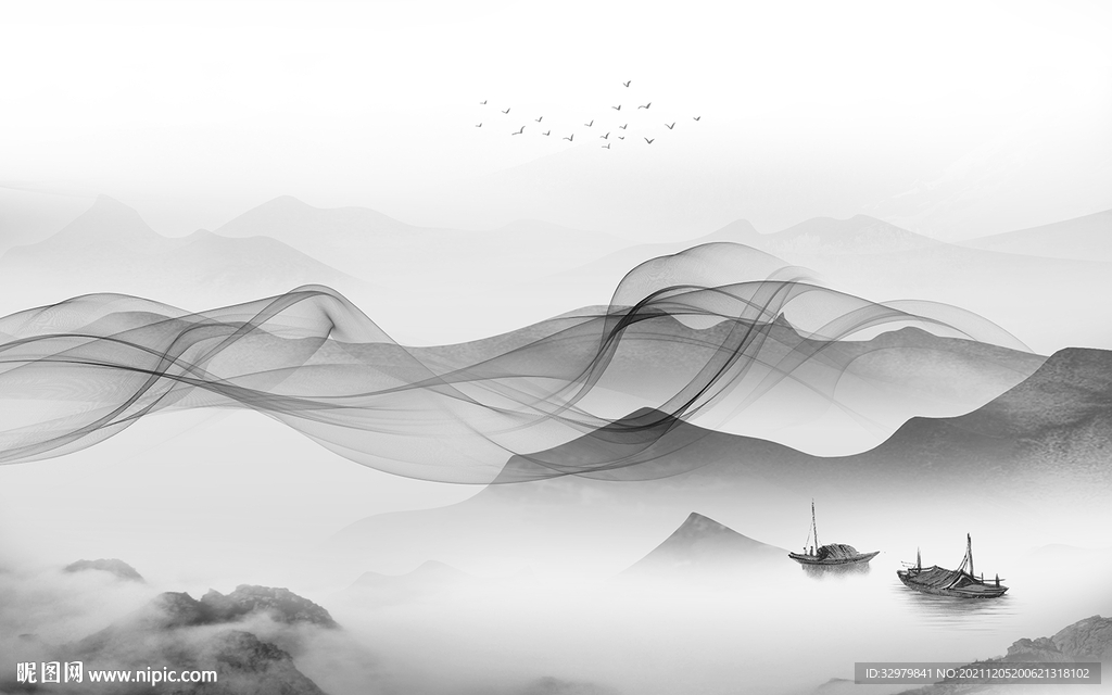 线条灰色山水框画 文件分层 