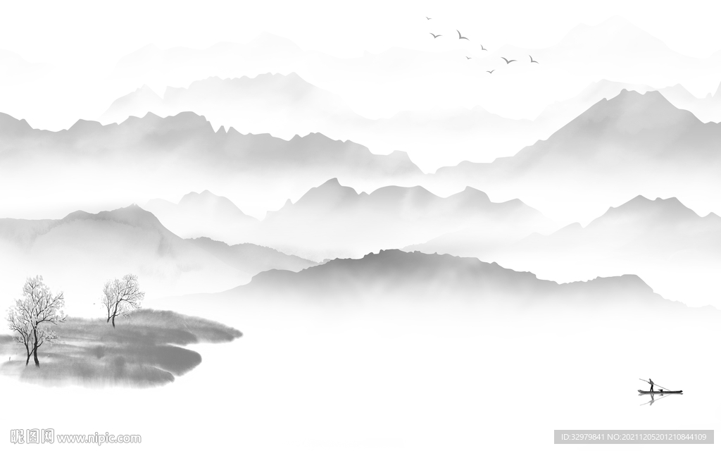 别墅灰色山水框画 文件分层 