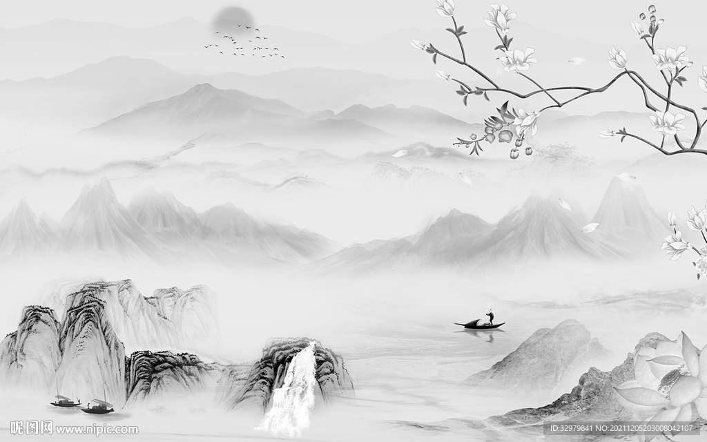 高档 灰色山水框画 文件分层 