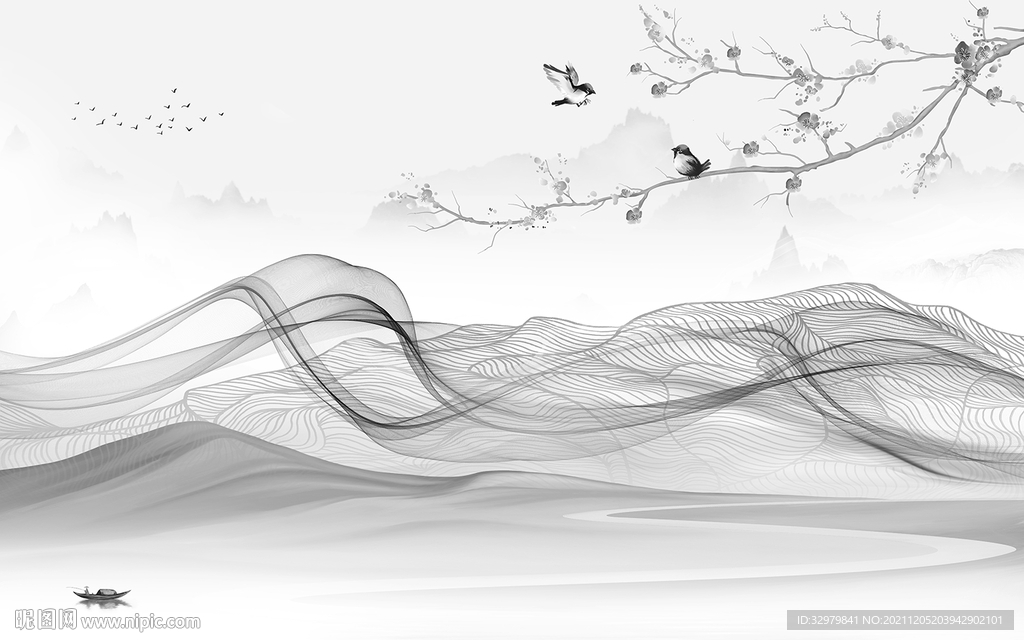 中国风灰色山水框画 文件分层 