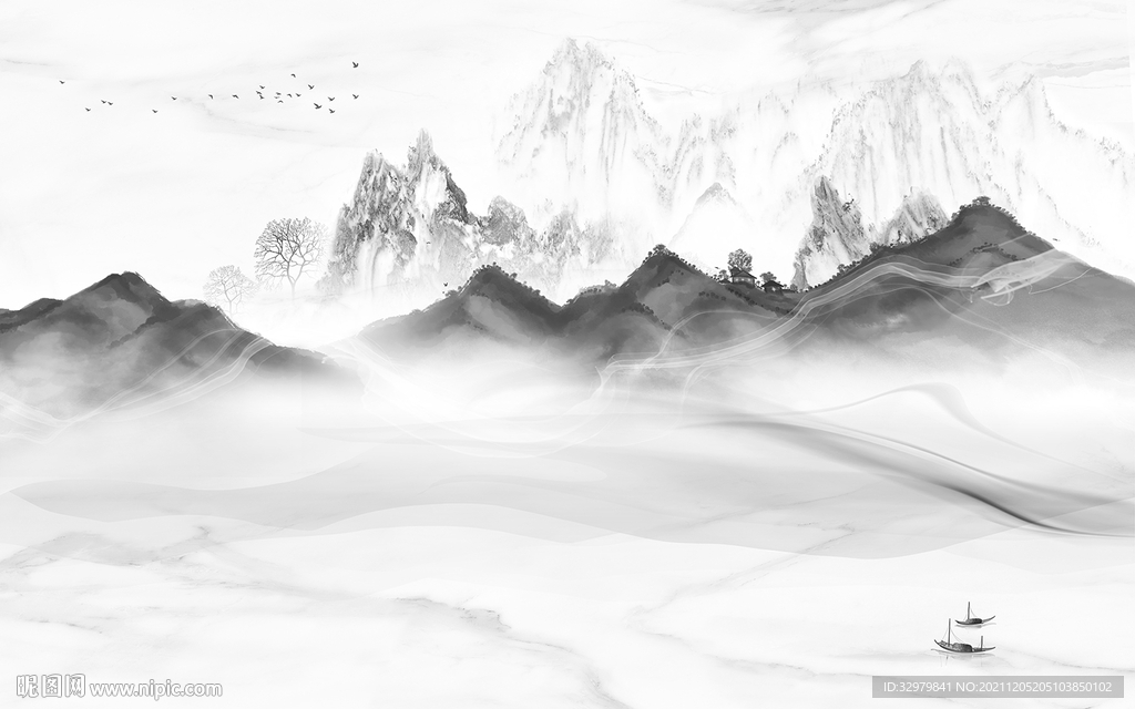 最新灰色山水框画 文件分层 