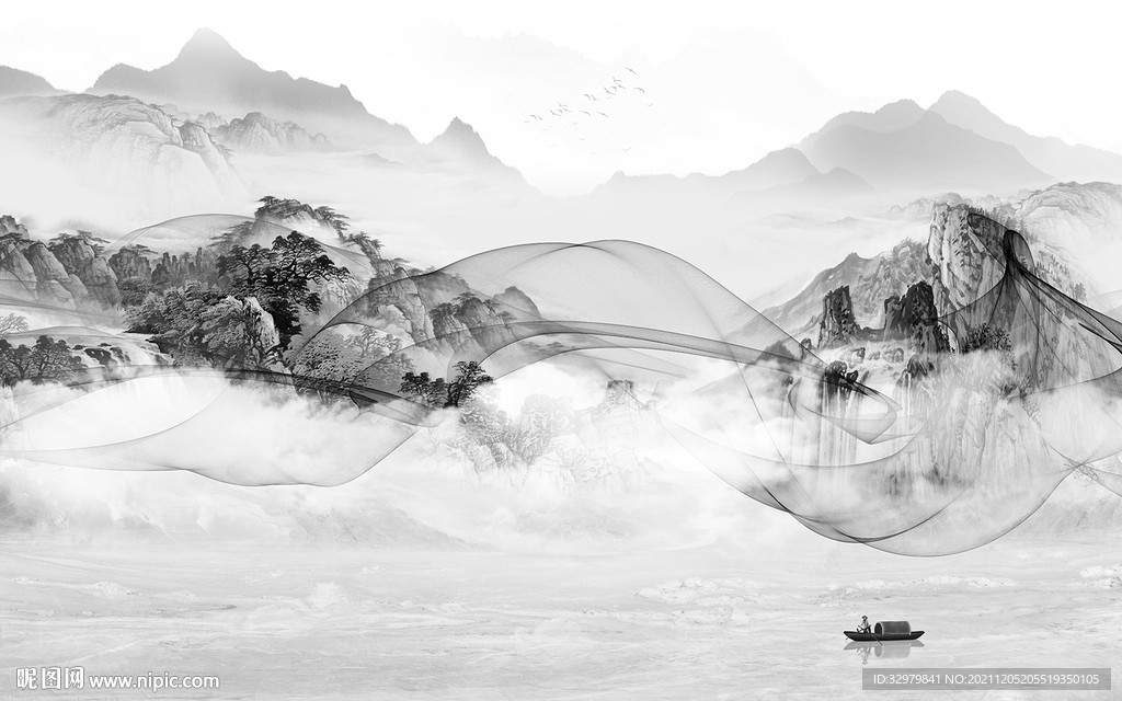 高清 灰色山水框画 文件分层 