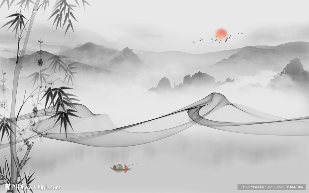 大气灰色山水框画 文件分层 