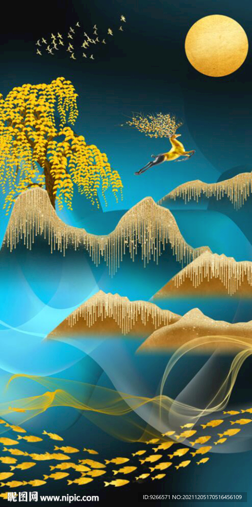 石来运转麋鹿山水玄关装饰画