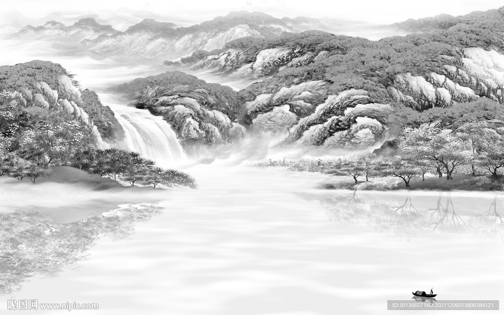 中国风简约灰色山水 TIF分层