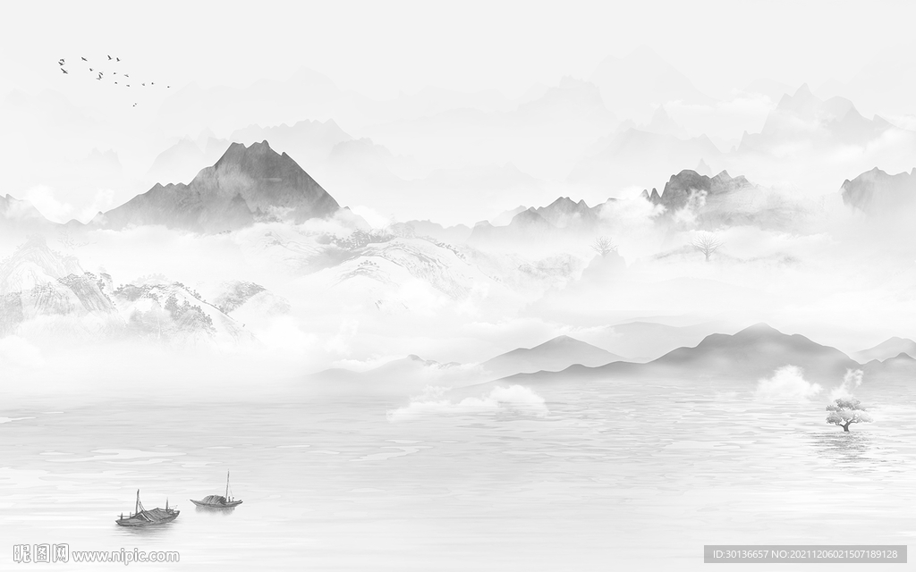 中式 最新灰色山水 TIF分层