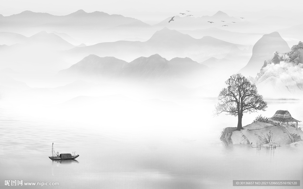 中式简约灰色山水 TIF分层