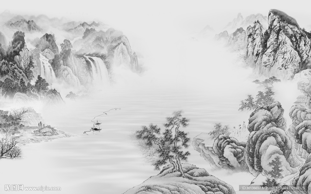 国画 简约灰色山水 TIF分层
