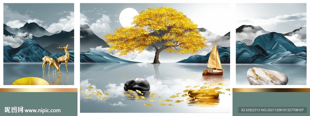 麋鹿金色山水