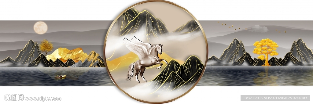 中式金色骏马山水装饰画