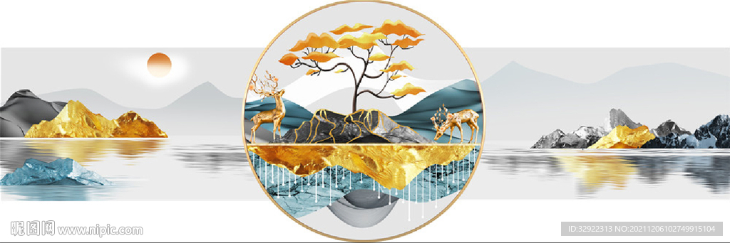 麋鹿意境山水装饰画