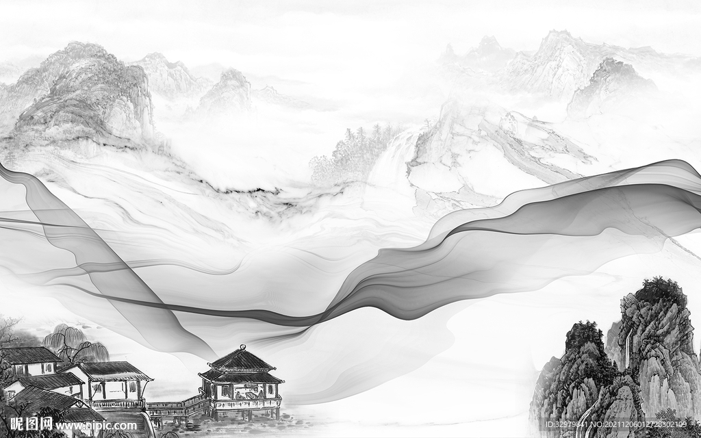 中国风灰色山水背景 文件分层 