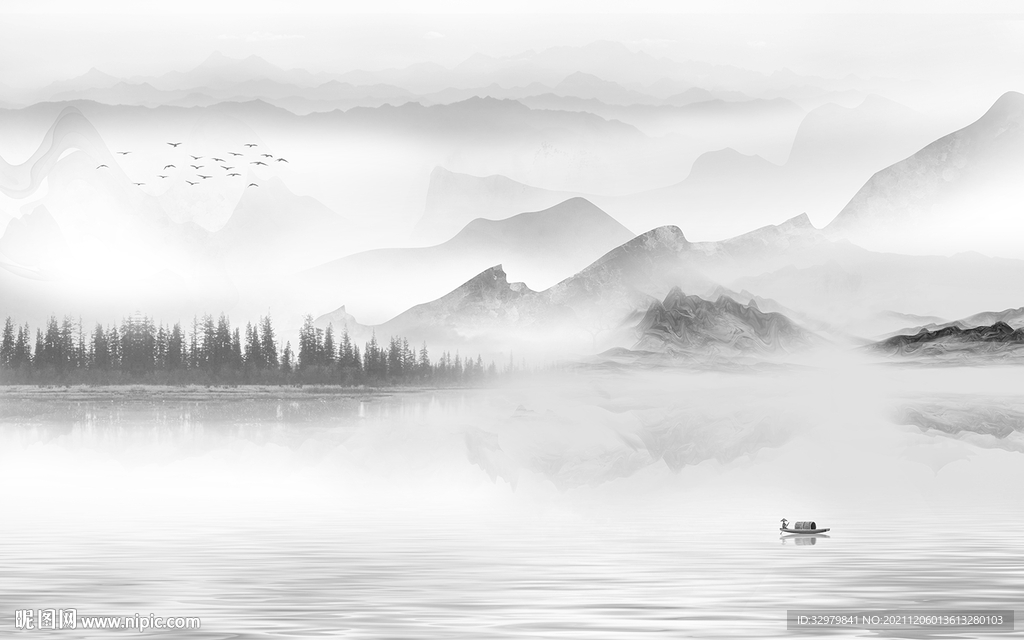 中式 灰色山水背景 文件分层 