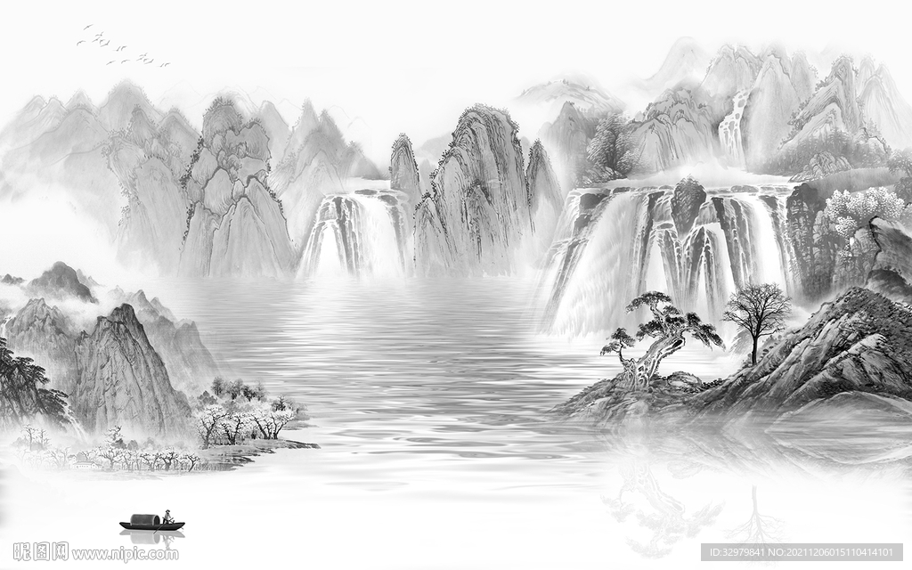 大气 灰色山水背景 文件分层 