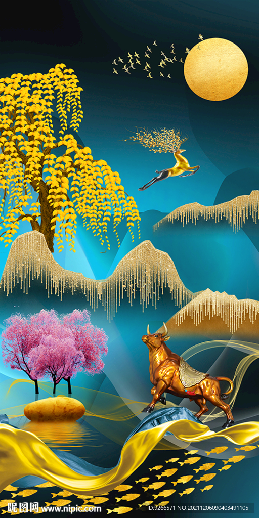 石来运转金牛冲天山水玄关装饰画