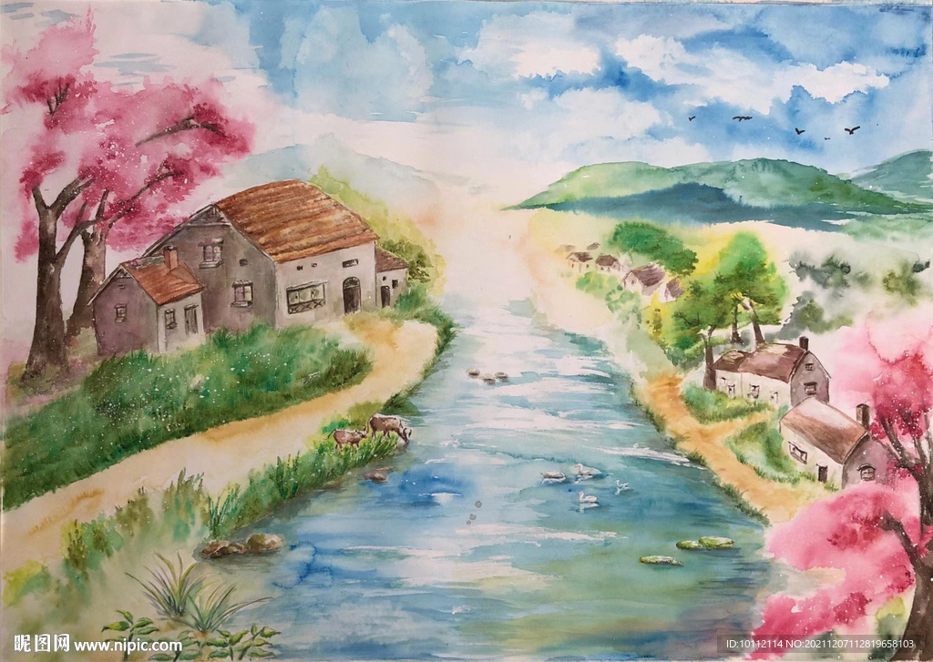 水彩山村