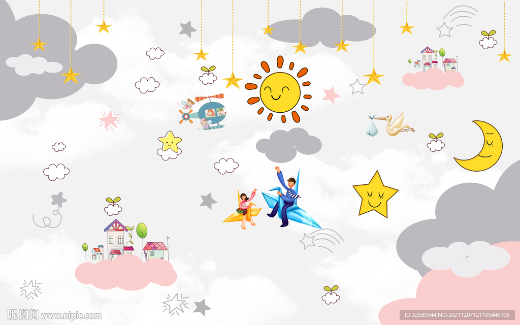 卡通儿童房背景墙    