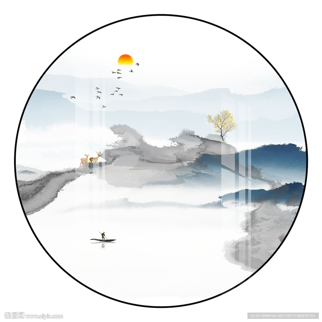水墨山水圆形装饰