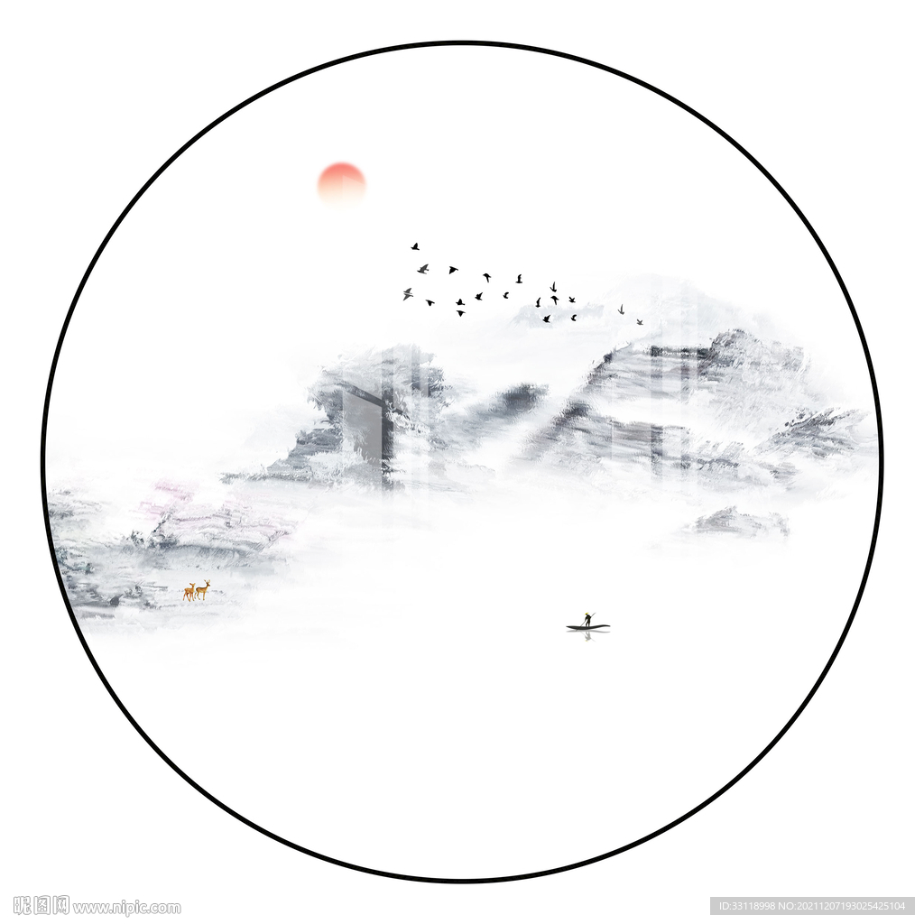 圆形水墨山水画