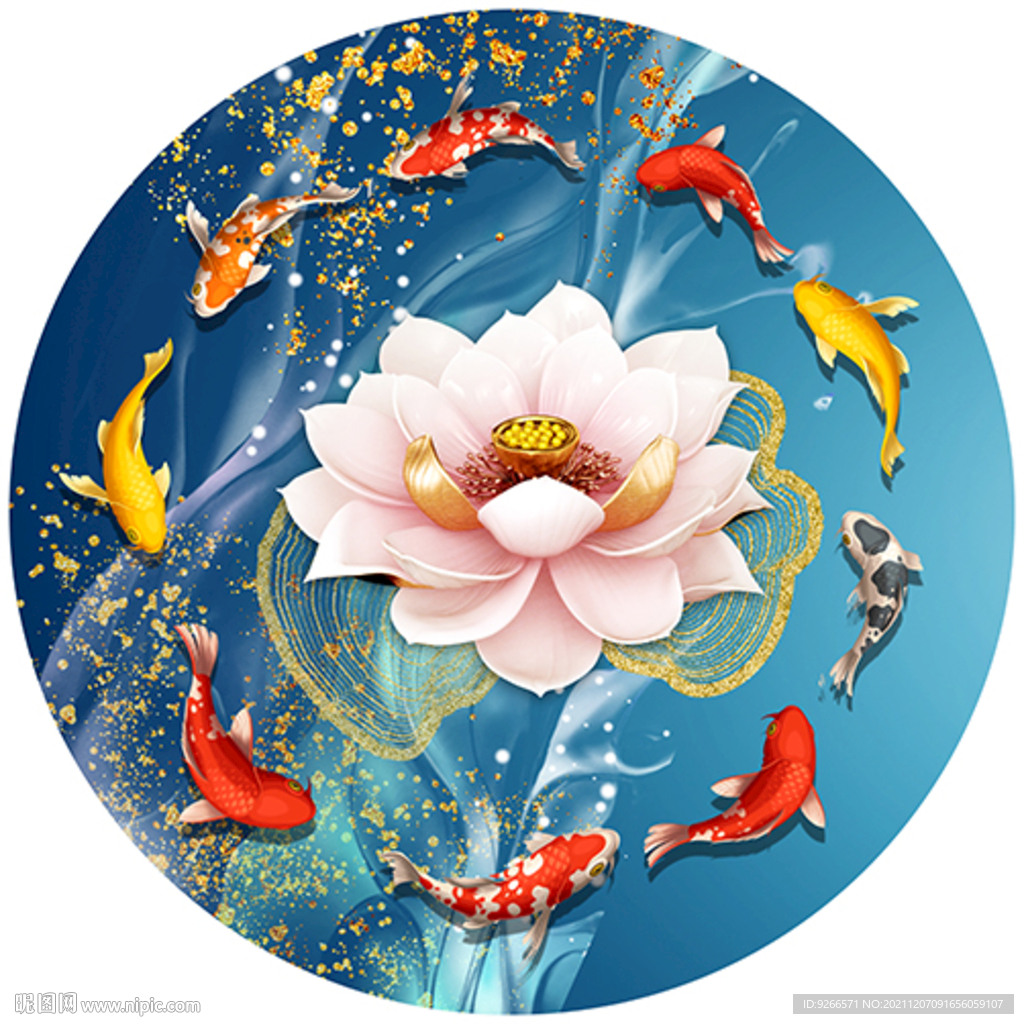 九鱼图石来运转山水装饰画