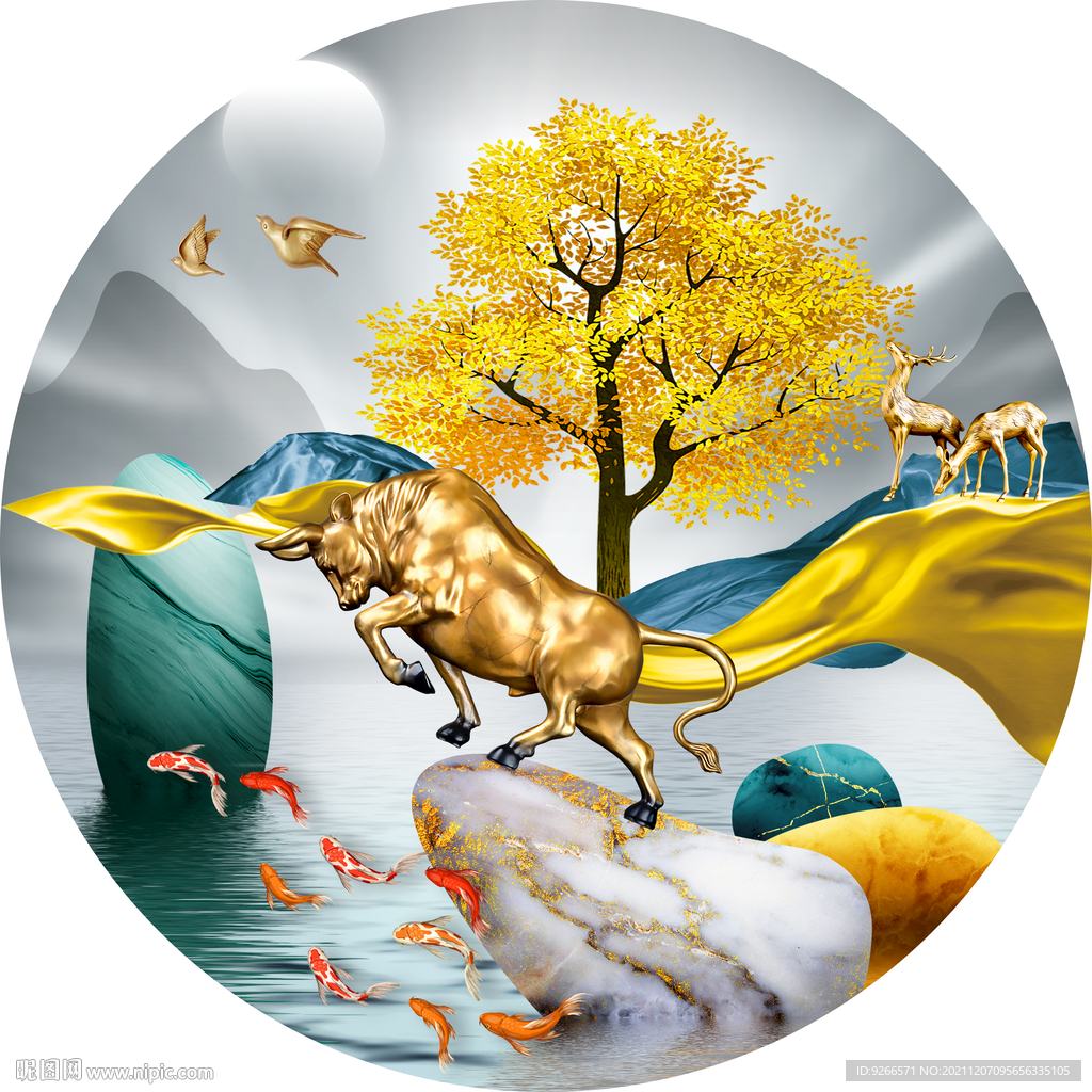 牛气冲天石来运转山水装饰画