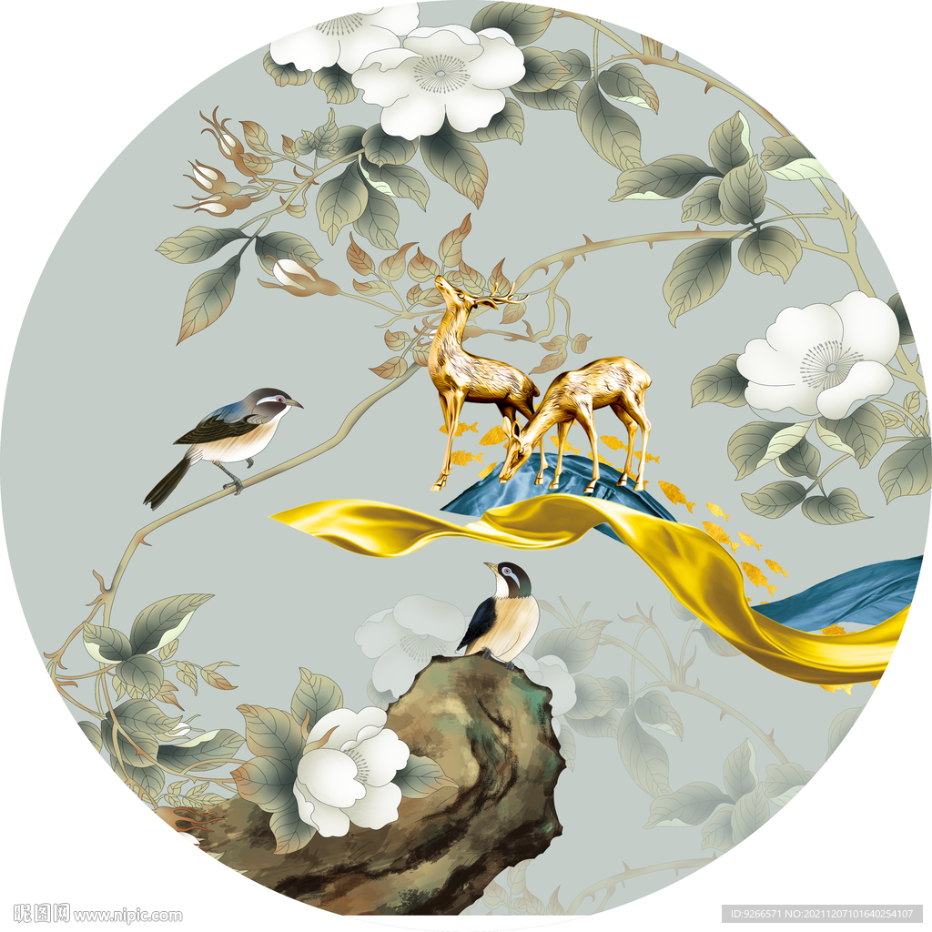 中式花鸟麋鹿圆形装饰画