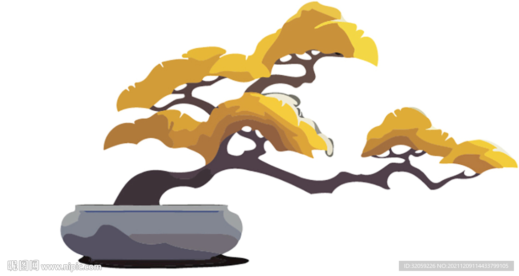 矢量中式中国风卡通盆景