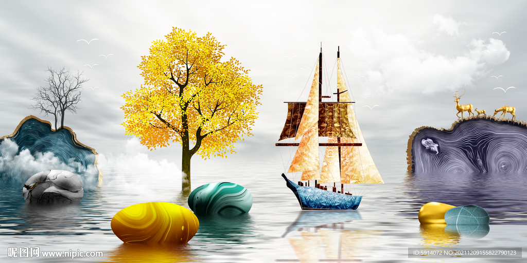 晶瓷画 新中式 石头帆船