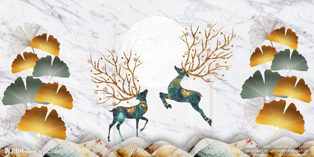 晶瓷画 杏叶 麋鹿