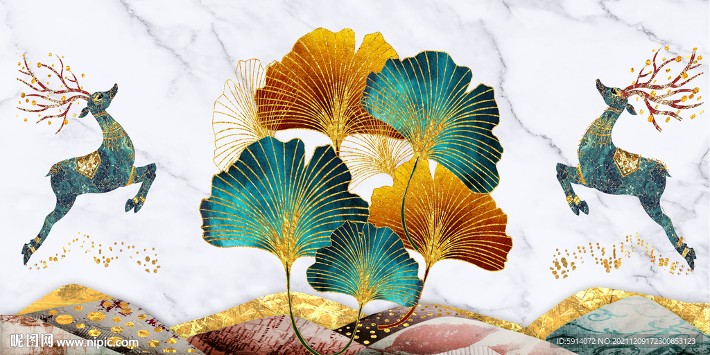 晶瓷画 杏叶 麋鹿