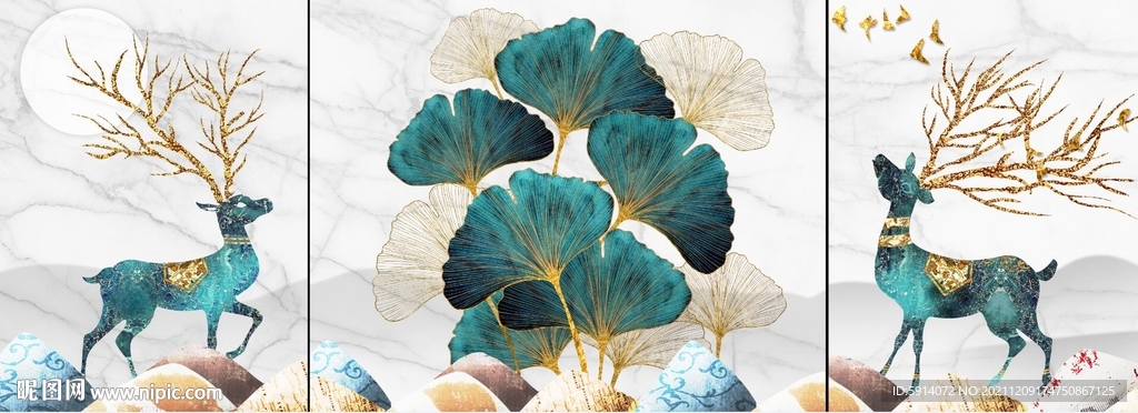 晶瓷画 杏叶 麋鹿