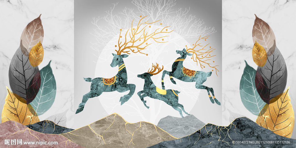 晶瓷画 叶子 麋鹿