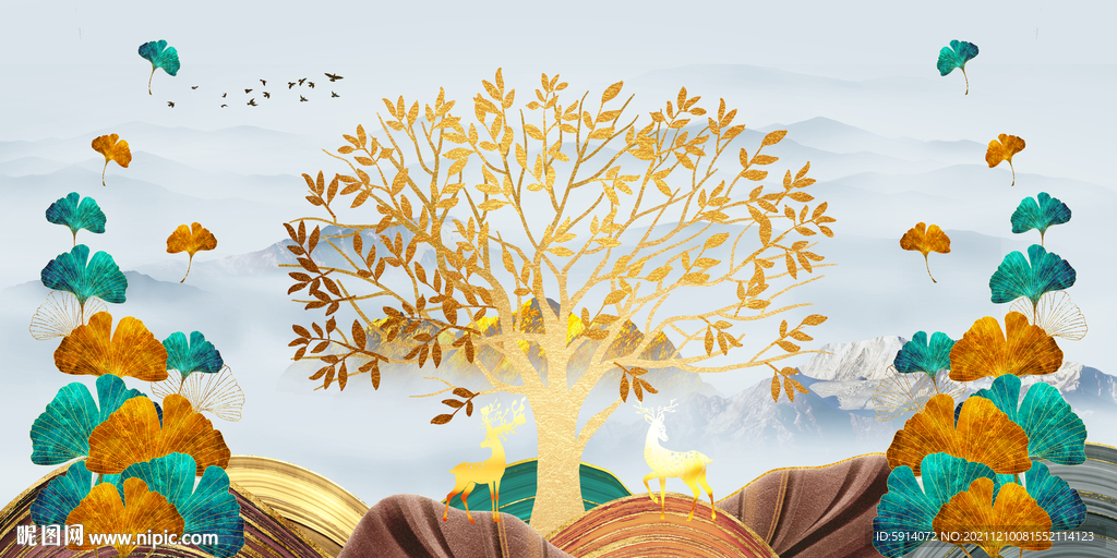 晶瓷画 杏叶 麋鹿