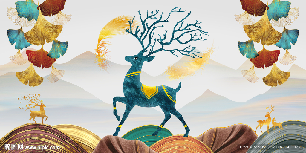 晶瓷画 杏叶 麋鹿