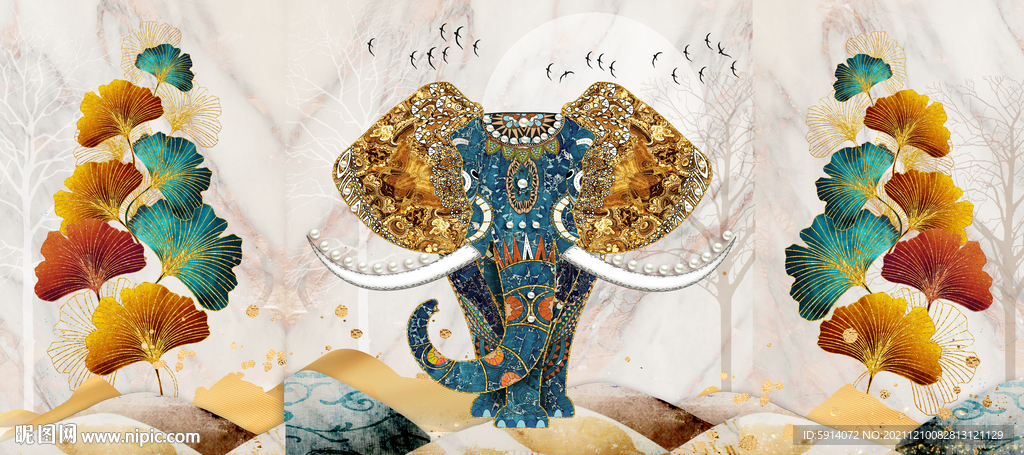 晶瓷画 杏叶 大象