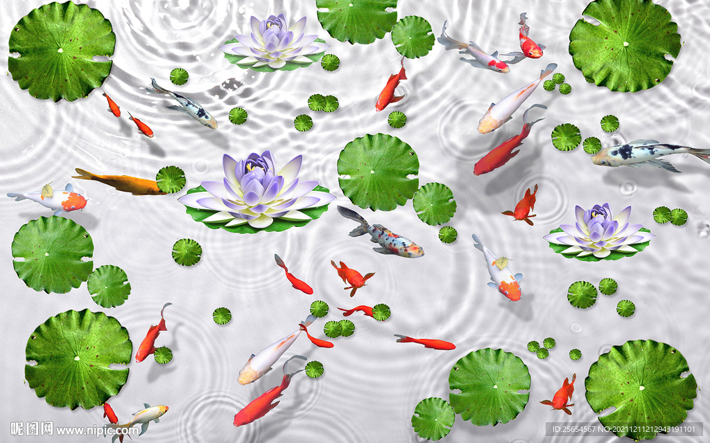 花鸟鱼戏荷花电视背景墙