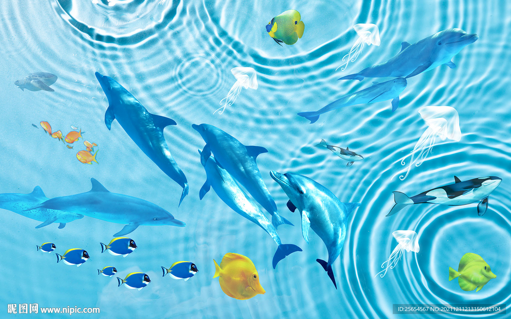 唯美海豚海底世界3D背景墙