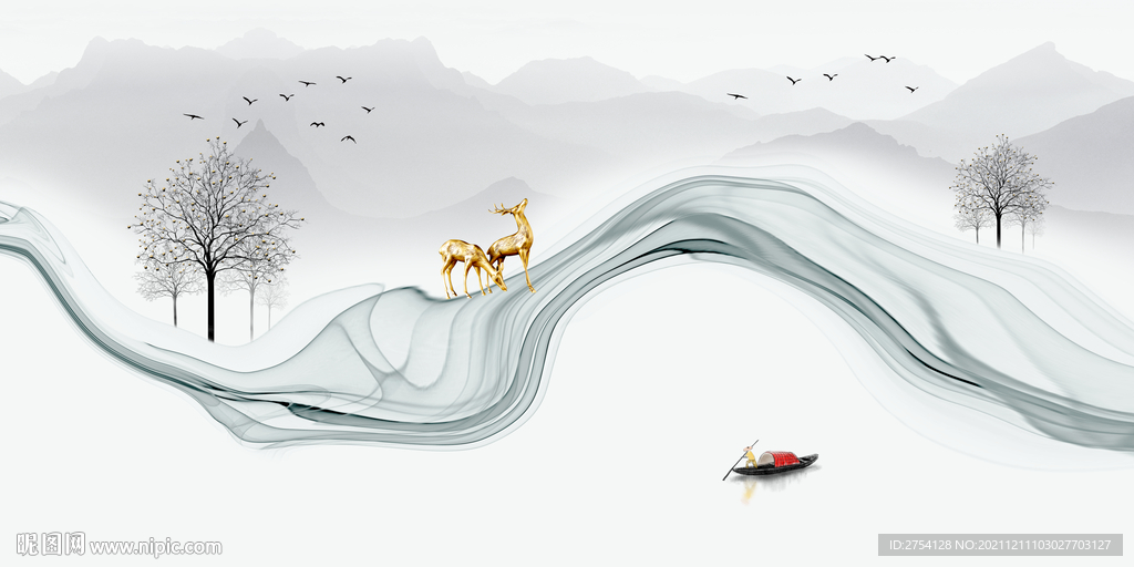 晶瓷画 抽象画线条 麋鹿