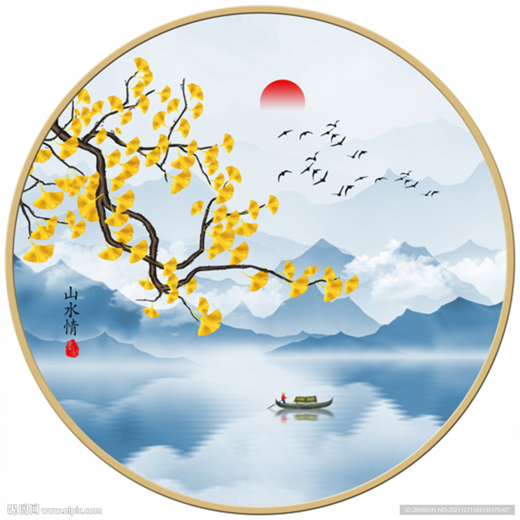山水花鸟圆形装饰画
