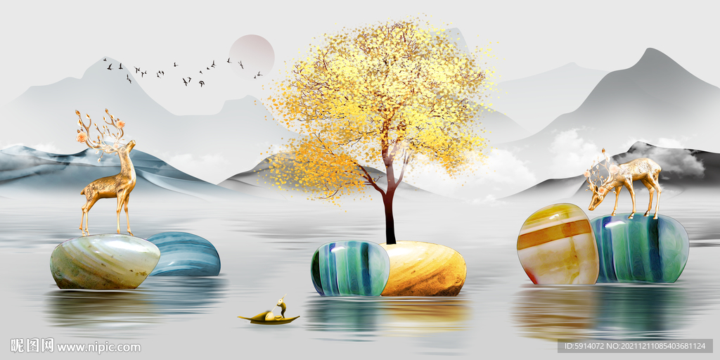 晶瓷画 麋鹿 石头