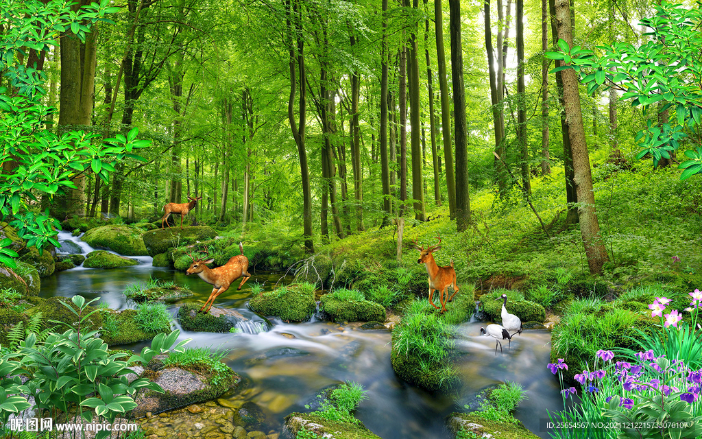 森林流水3D立体壁画风景背景墙